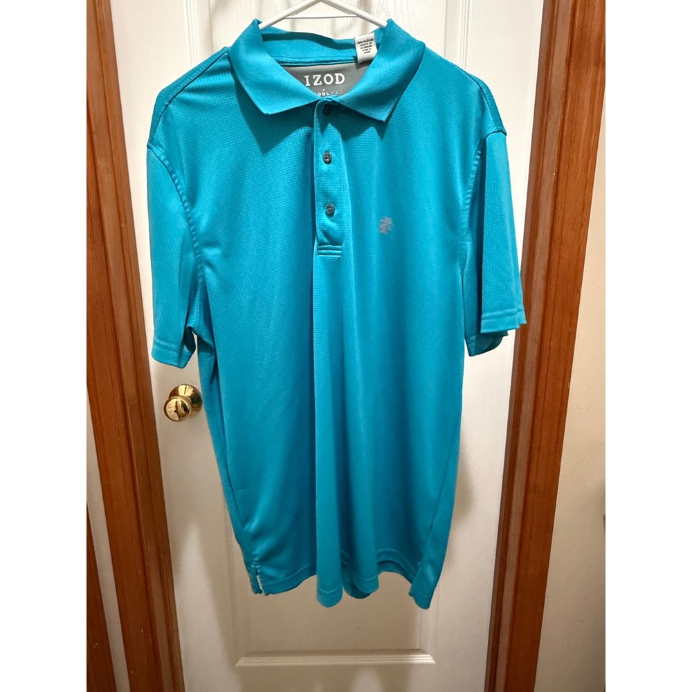 IZOD Cool FX Mens Polo Shirt Large Turquoise Blue Grid Texture Golf Short Sleeve